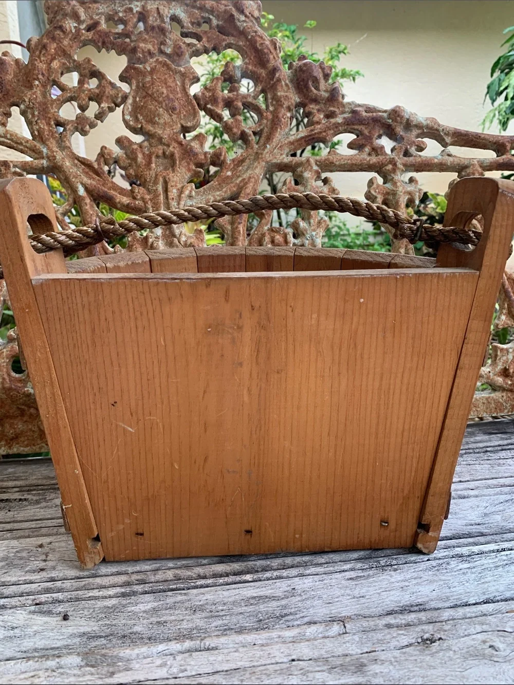Vintage Flat Sided Wooden Hanging Basket with Red Heart and Floral Accents